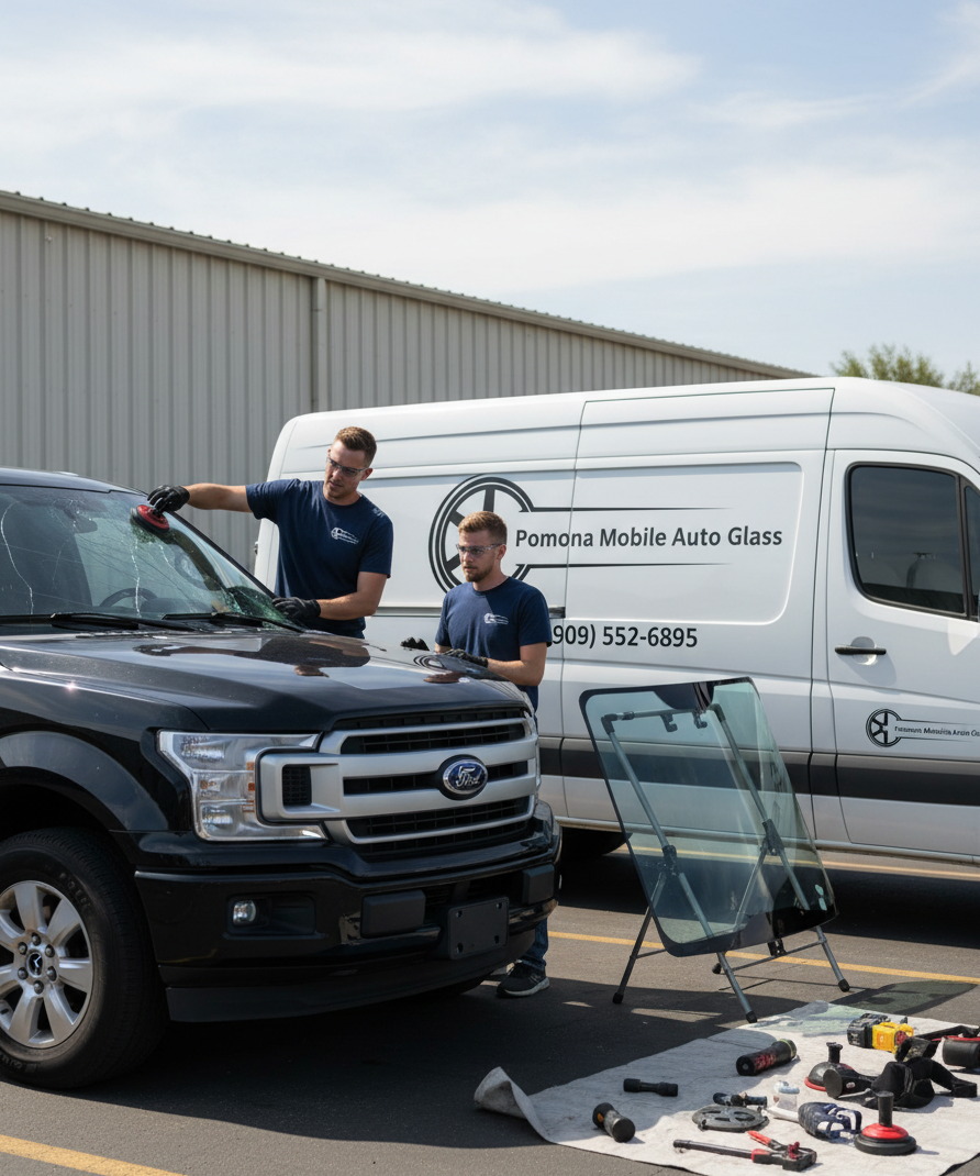 Certified Pomona Mobile Auto Glass technicians replacing a windshield on site in Pomona, CA