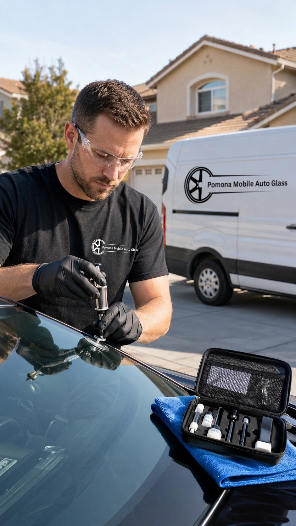 Pomona Mobile Auto Glass technician performing mobile auto glass repair at a customer's home in Pomona, CA
