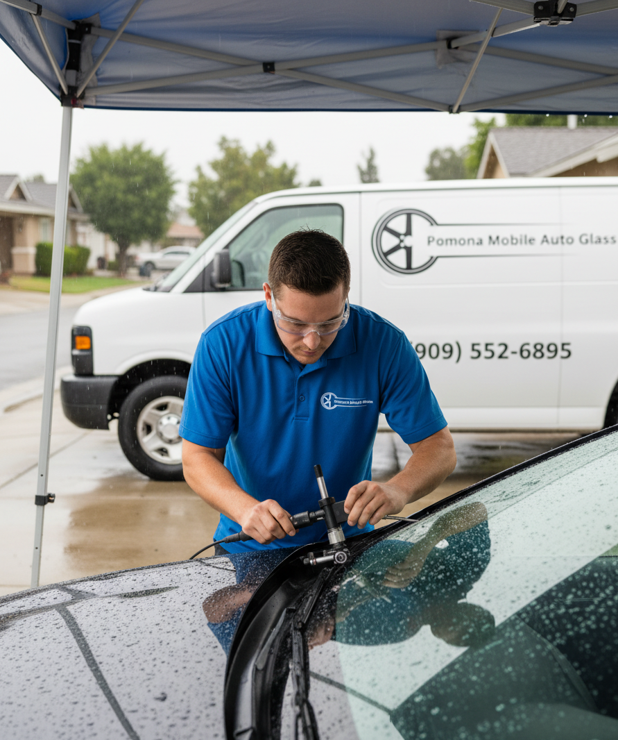 Pomona Mobile Auto Glass technician performing mobile windshield repair in Pomona, CA