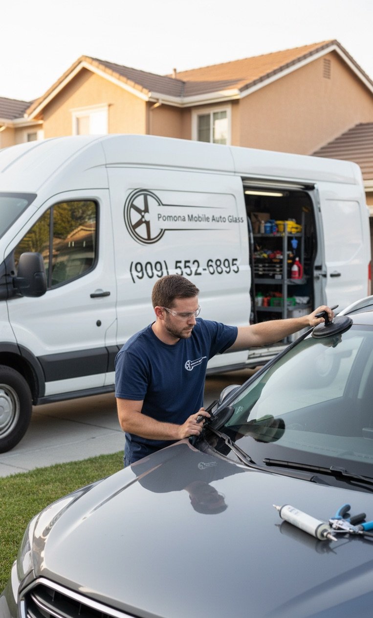 Pomona Mobile Auto Glass technician replacing a windshield at a customer's home in Pomona, CA
