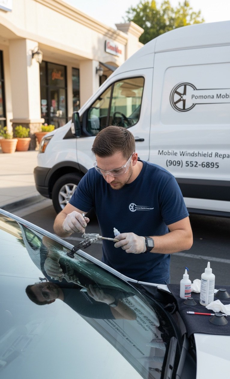 Pomona Mobile Auto Glass technician performing resin injection windshield repair in Pomona, CA